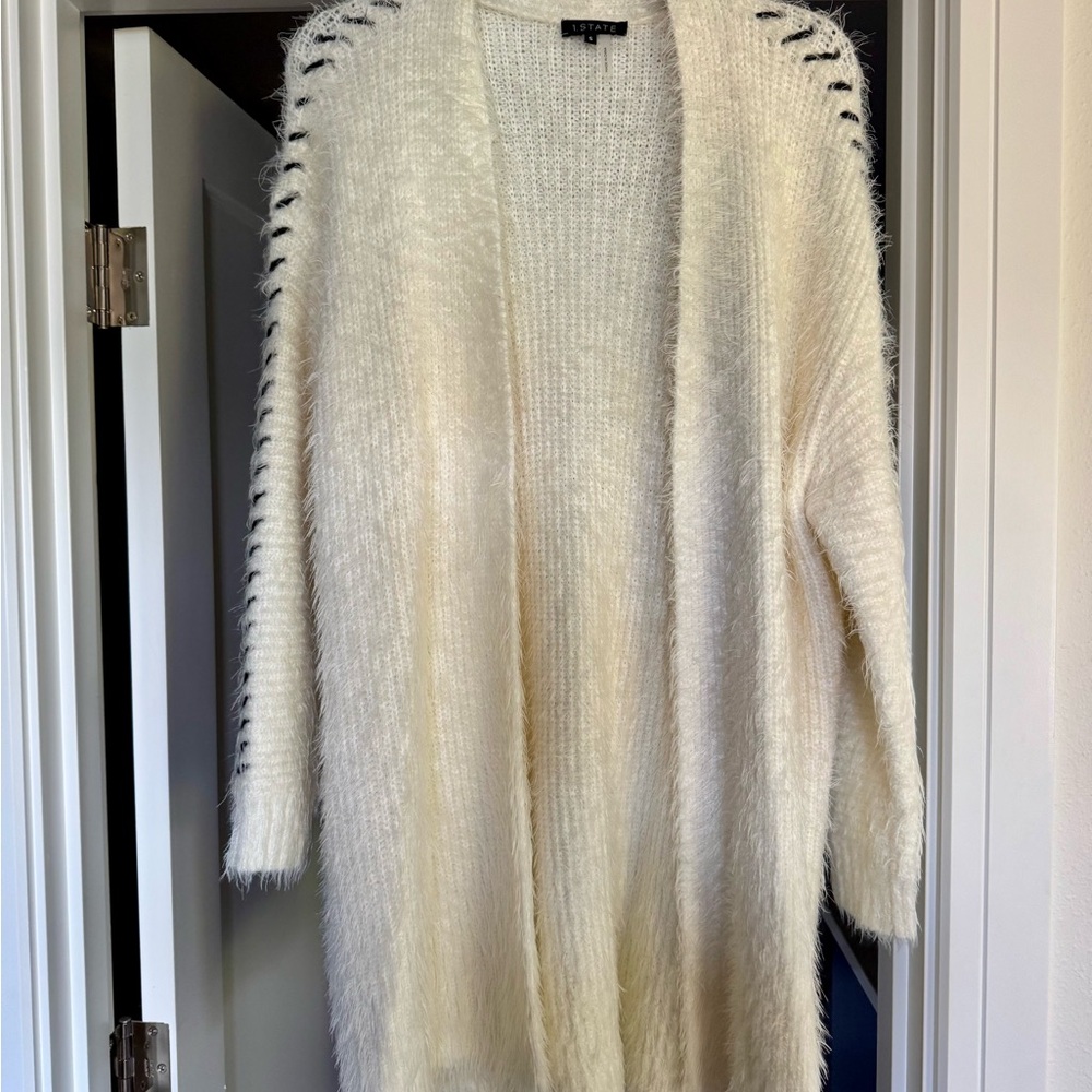 1. State Cream Open-Front Cardigan with Black Stitching Details